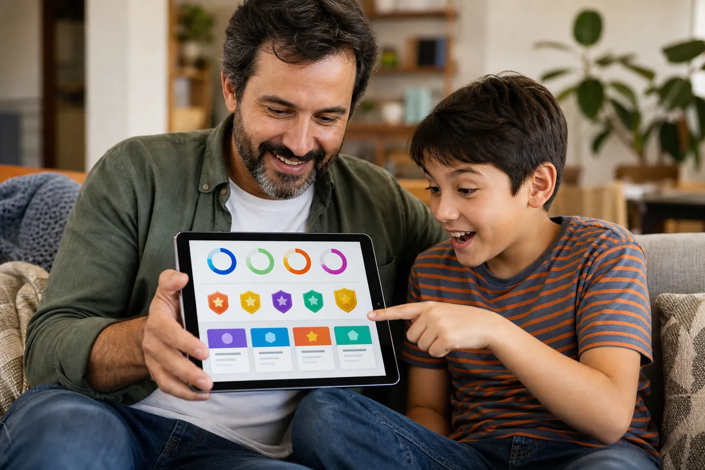 Bir veli ve çocuğu, tablette çocuğun ders karnesini ve kazandığı rozetleri birlikte incelerken